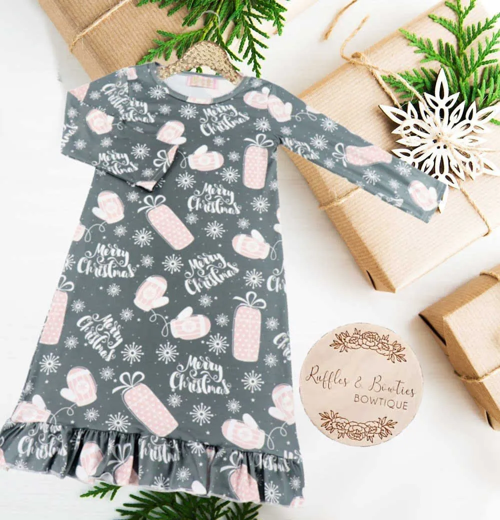 Girls Christmas Night Gowns - Grey with Pink Mittens
