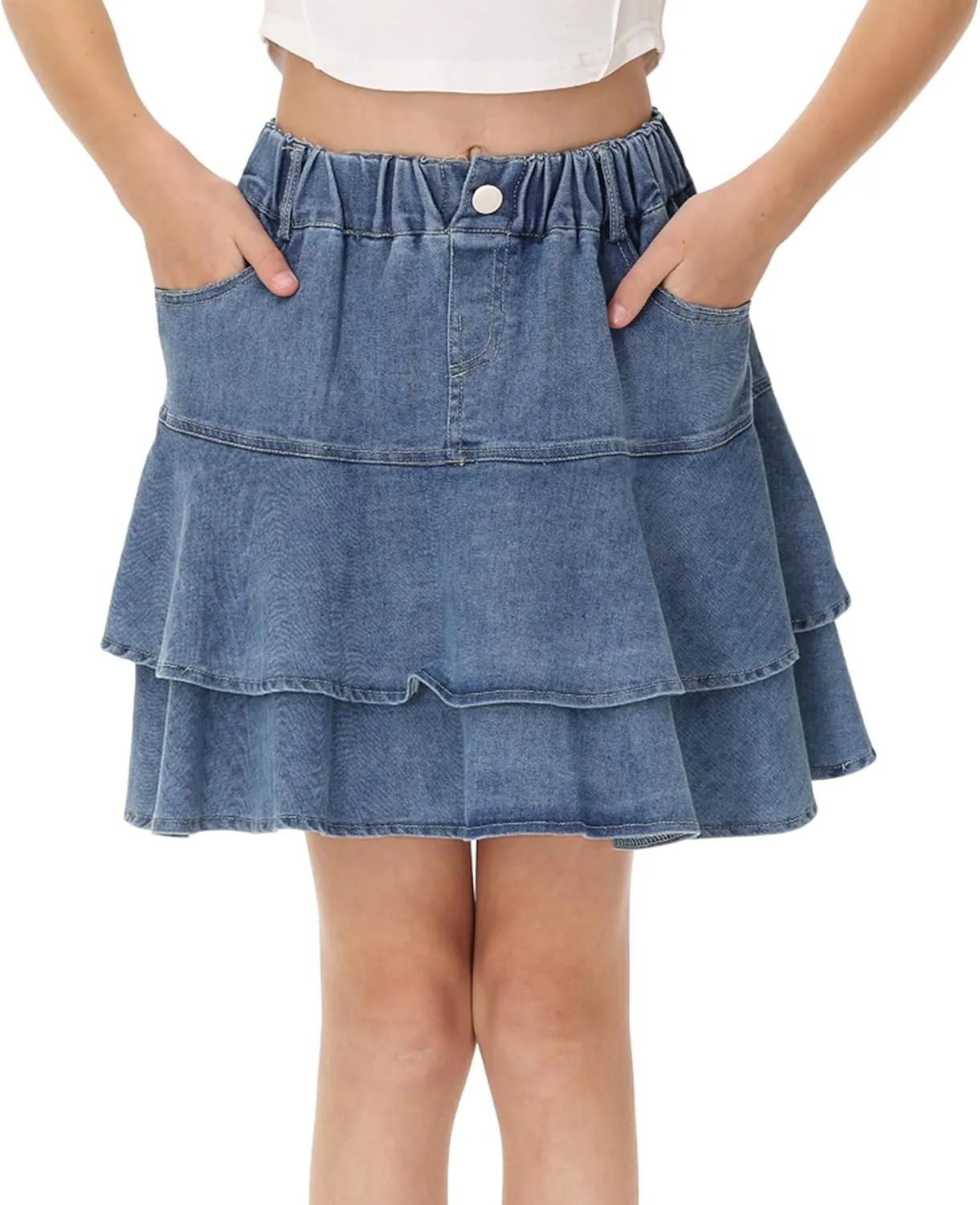 Girl's Pleated Denim Skirt Little Girls Summer Mini Skirts High Waisted Ruffle Layered Skirts