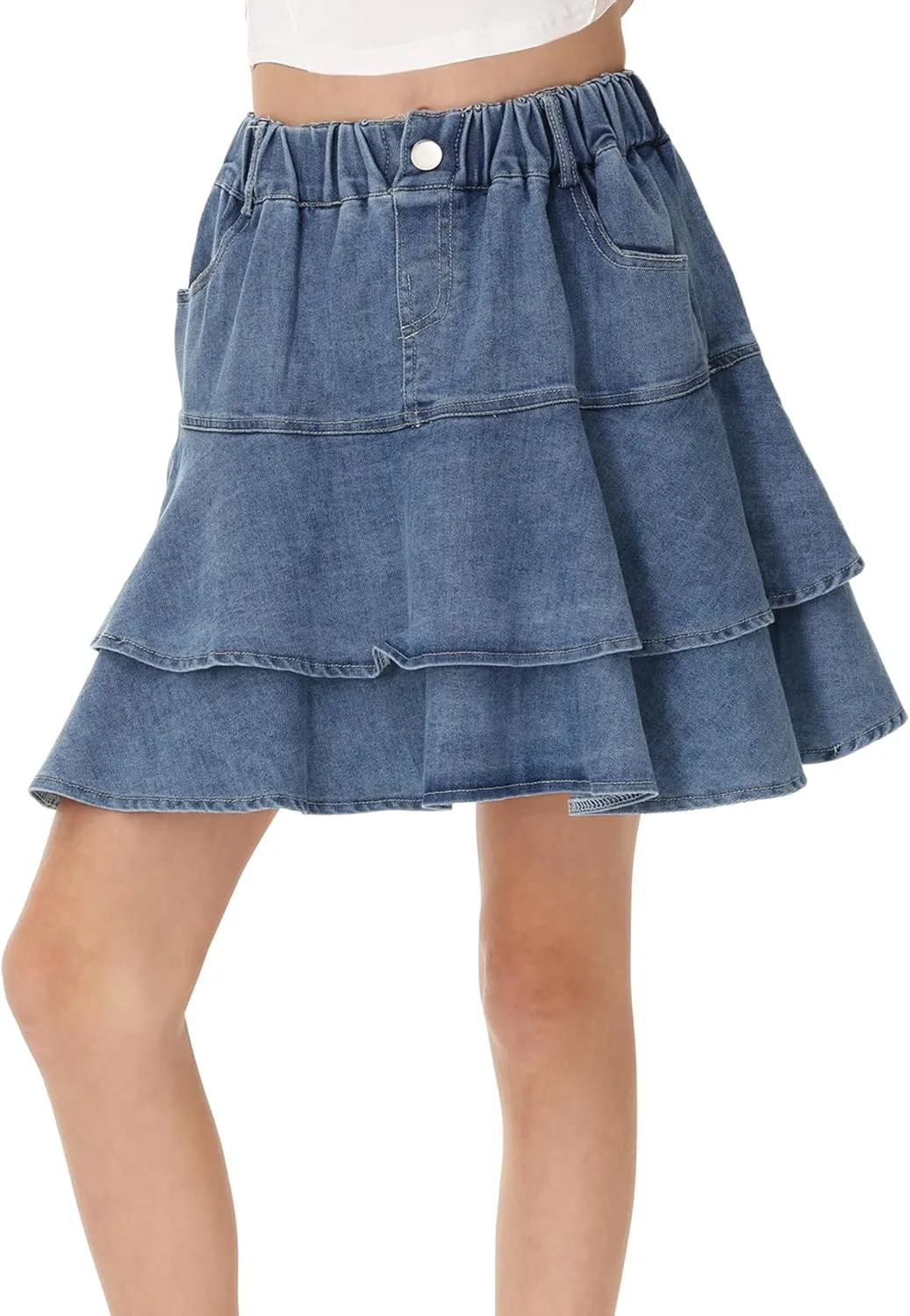 Girl's Pleated Denim Skirt Little Girls Summer Mini Skirts High Waisted Ruffle Layered Skirts