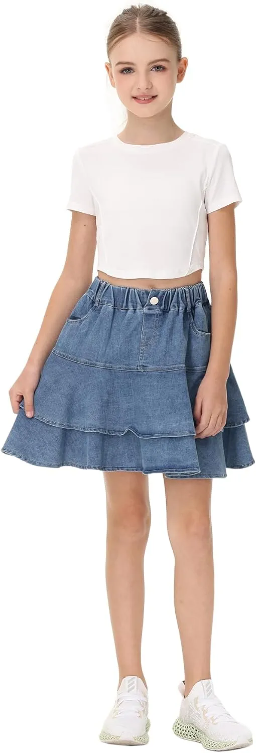 Girl's Pleated Denim Skirt Little Girls Summer Mini Skirts High Waisted Ruffle Layered Skirts