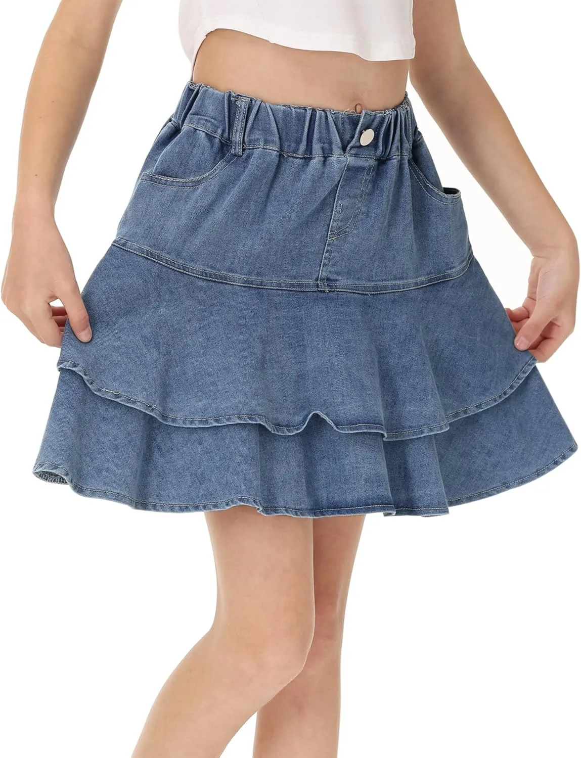 Girl's Pleated Denim Skirt Little Girls Summer Mini Skirts High Waisted Ruffle Layered Skirts