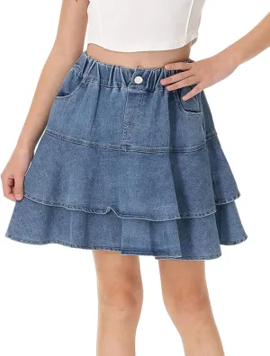 Girl's Pleated Denim Skirt Little Girls Summer Mini Skirts High Waisted Ruffle Layered Skirts