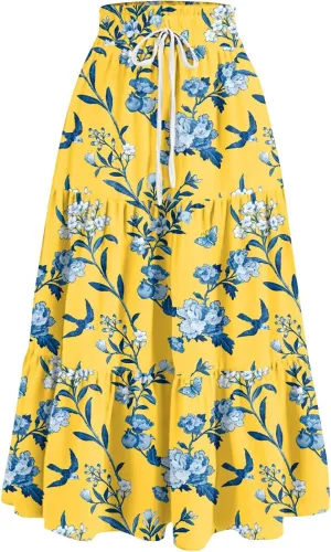 GOFULY Maxi Skirts for Women Long Casual Summer Floral Print A Line Skirt Drawstring Elastic High Waist Pleated Tiered Skirt
