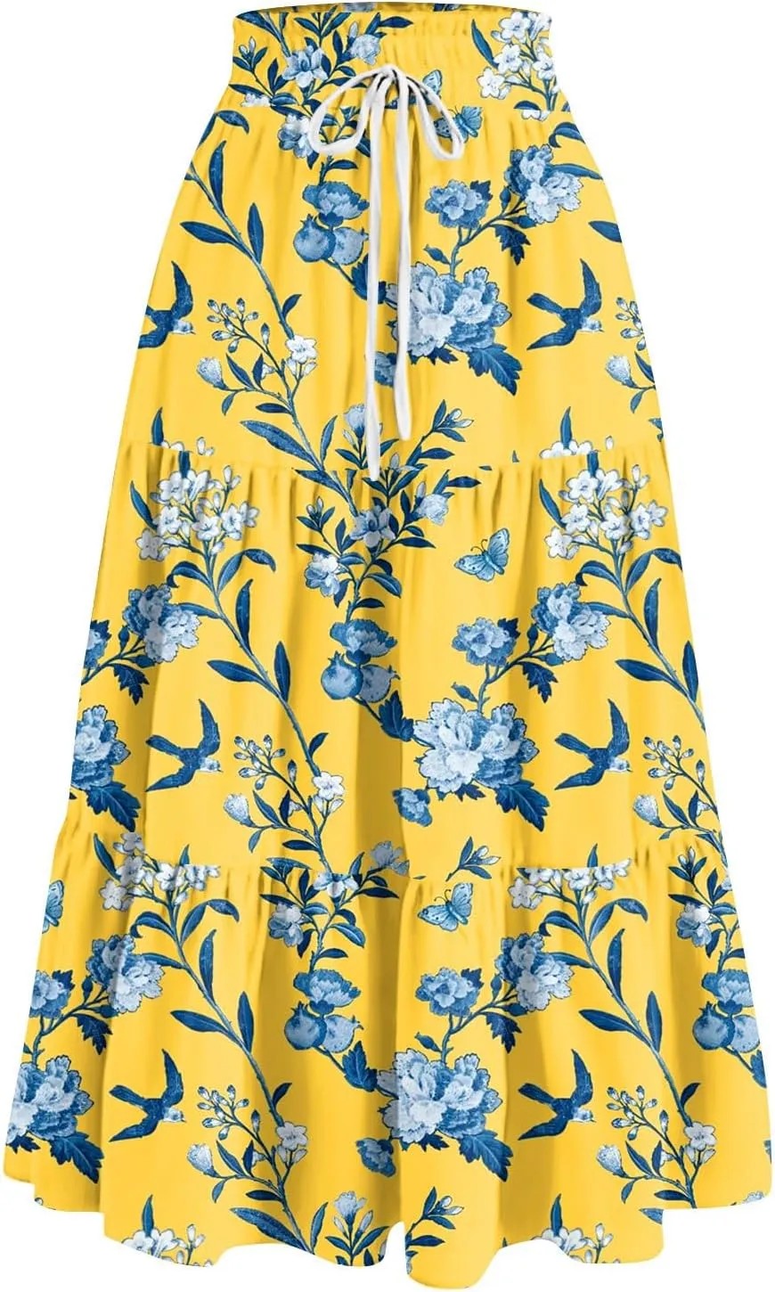 GOFULY Maxi Skirts for Women Long Casual Summer Floral Print A Line Skirt Drawstring Elastic High Waist Pleated Tiered Skirt