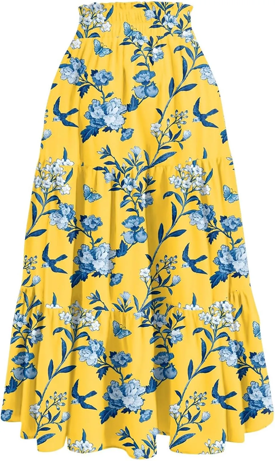 GOFULY Maxi Skirts for Women Long Casual Summer Floral Print A Line Skirt Drawstring Elastic High Waist Pleated Tiered Skirt