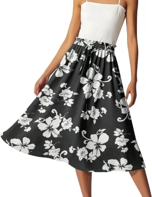 GOFULY Midi Skirts for Women Boho Summer Floral Print A Line Knee Skirt Drawstring Elastic High Waist Pleated Skirt