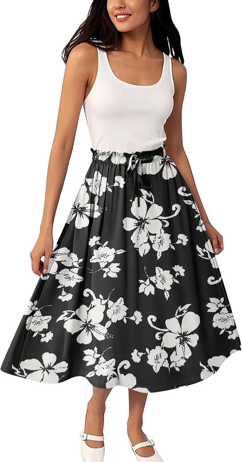 GOFULY Midi Skirts for Women Boho Summer Floral Print A Line Knee Skirt Drawstring Elastic High Waist Pleated Skirt