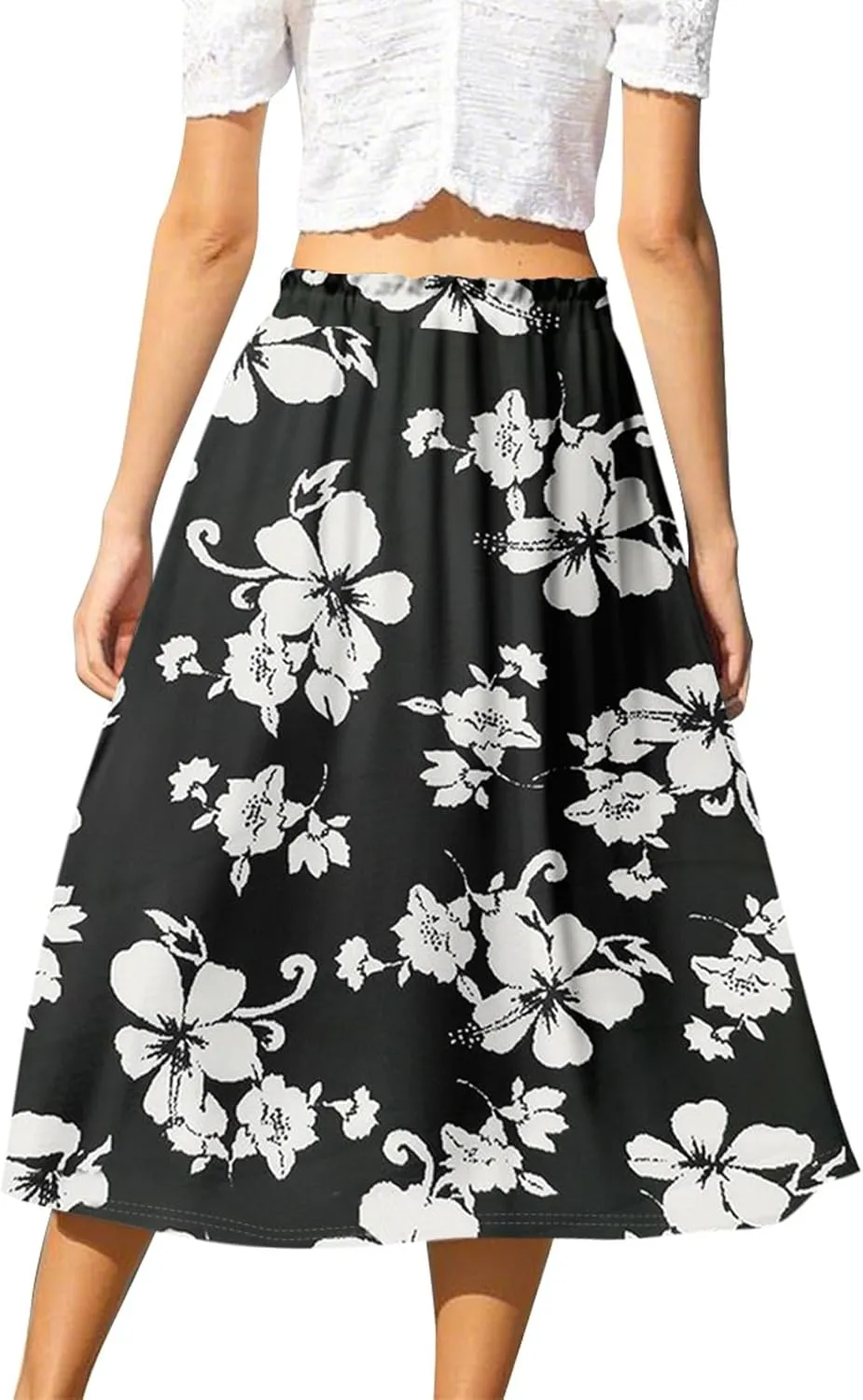 GOFULY Midi Skirts for Women Boho Summer Floral Print A Line Knee Skirt Drawstring Elastic High Waist Pleated Skirt