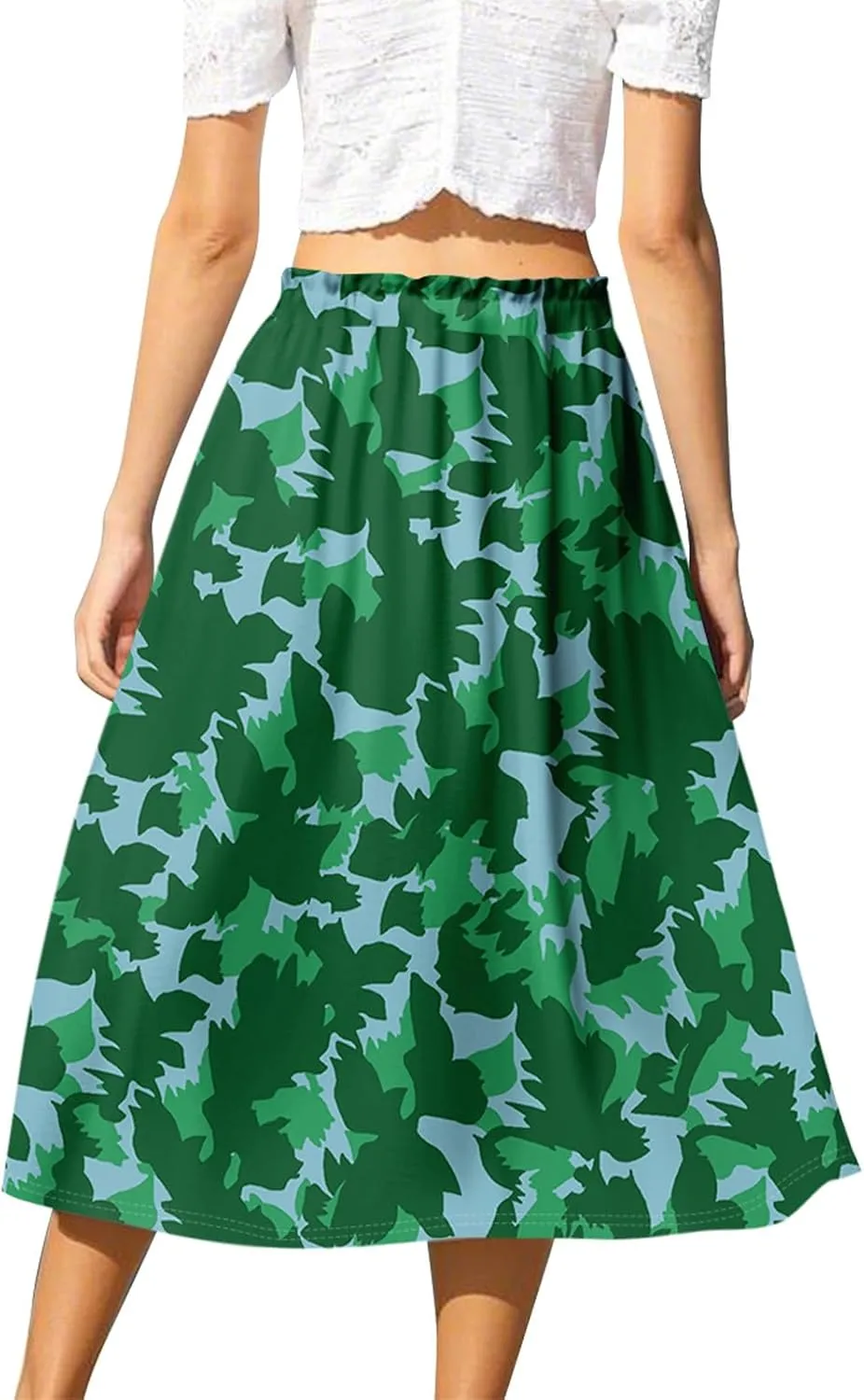 GOFULY Skirts for Women Midi Length Trendy Summer Print A Line Skirt Knee Drawstring Elastic High Waist Smocked Skirt