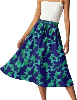 GOFULY Skirts for Women Midi Length Trendy Summer Print A Line Skirt Knee Drawstring Elastic High Waist Smocked Skirt