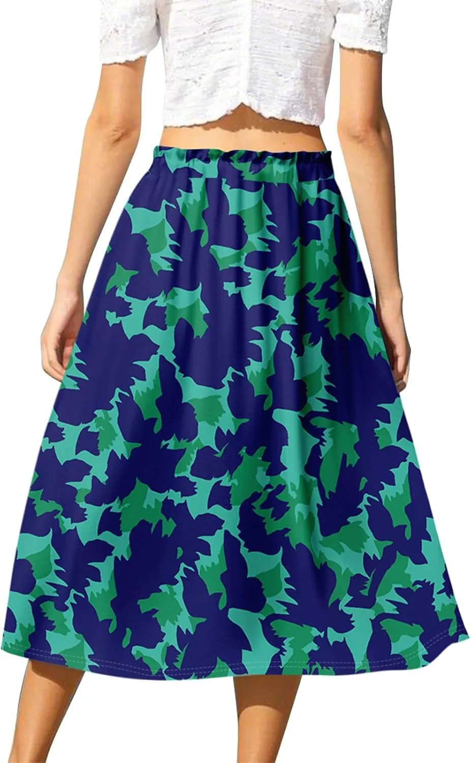 GOFULY Skirts for Women Midi Length Trendy Summer Print A Line Skirt Knee Drawstring Elastic High Waist Smocked Skirt