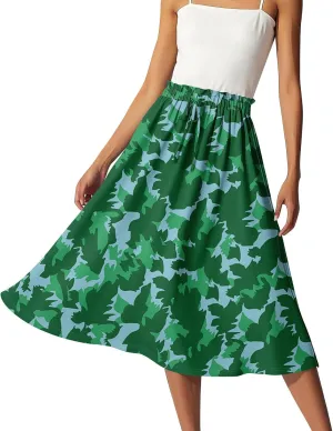 GOFULY Skirts for Women Midi Length Trendy Summer Print A Line Skirt Knee Drawstring Elastic High Waist Smocked Skirt