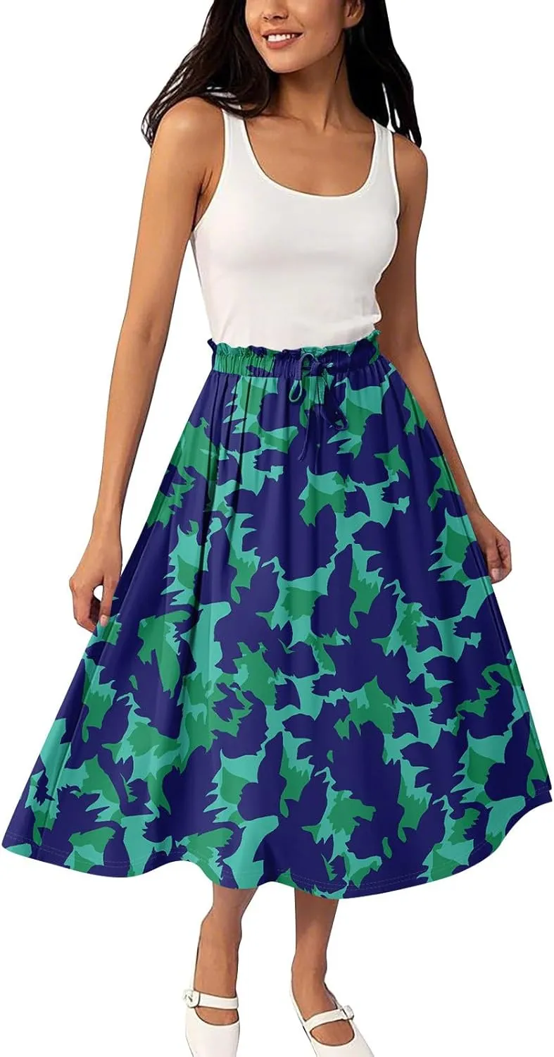 GOFULY Skirts for Women Midi Length Trendy Summer Print A Line Skirt Knee Drawstring Elastic High Waist Smocked Skirt