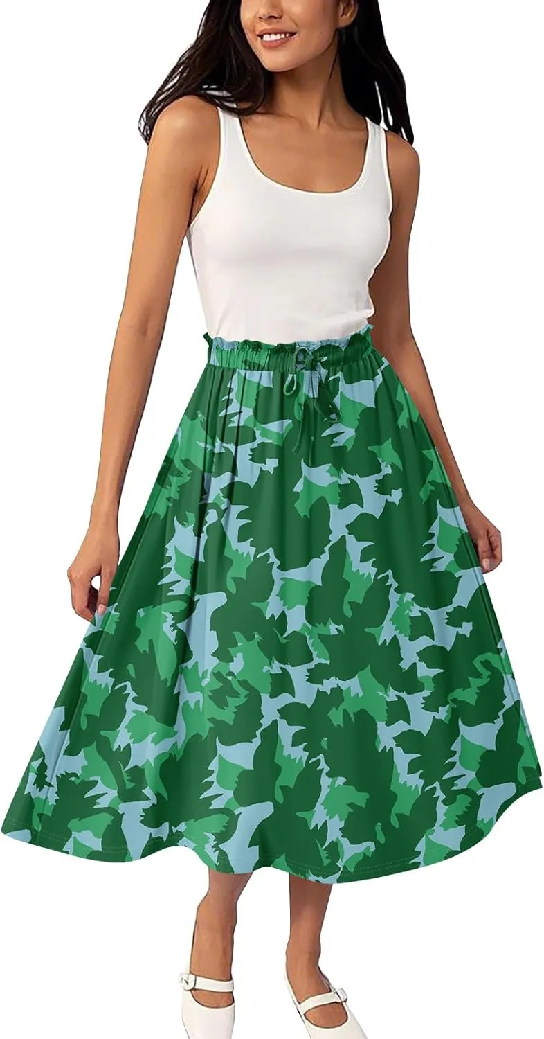 GOFULY Skirts for Women Midi Length Trendy Summer Print A Line Skirt Knee Drawstring Elastic High Waist Smocked Skirt