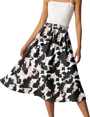 GOFULY Summer Skirts for Women 2025 Midi Length Floral Print A Line Boho Skirts Drawstring Elastic High Waist Smocked Skirt