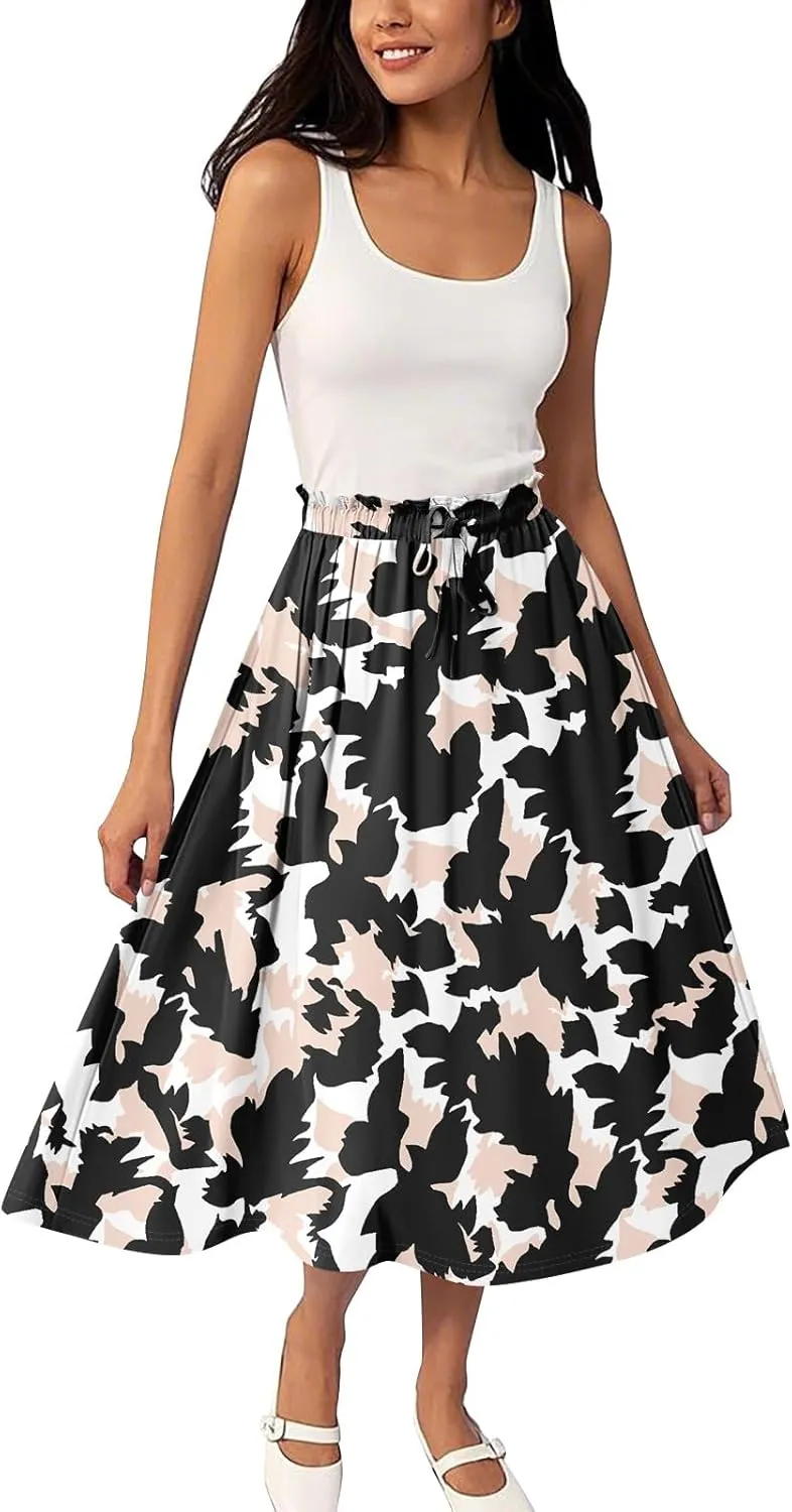 GOFULY Summer Skirts for Women 2025 Midi Length Floral Print A Line Boho Skirts Drawstring Elastic High Waist Smocked Skirt