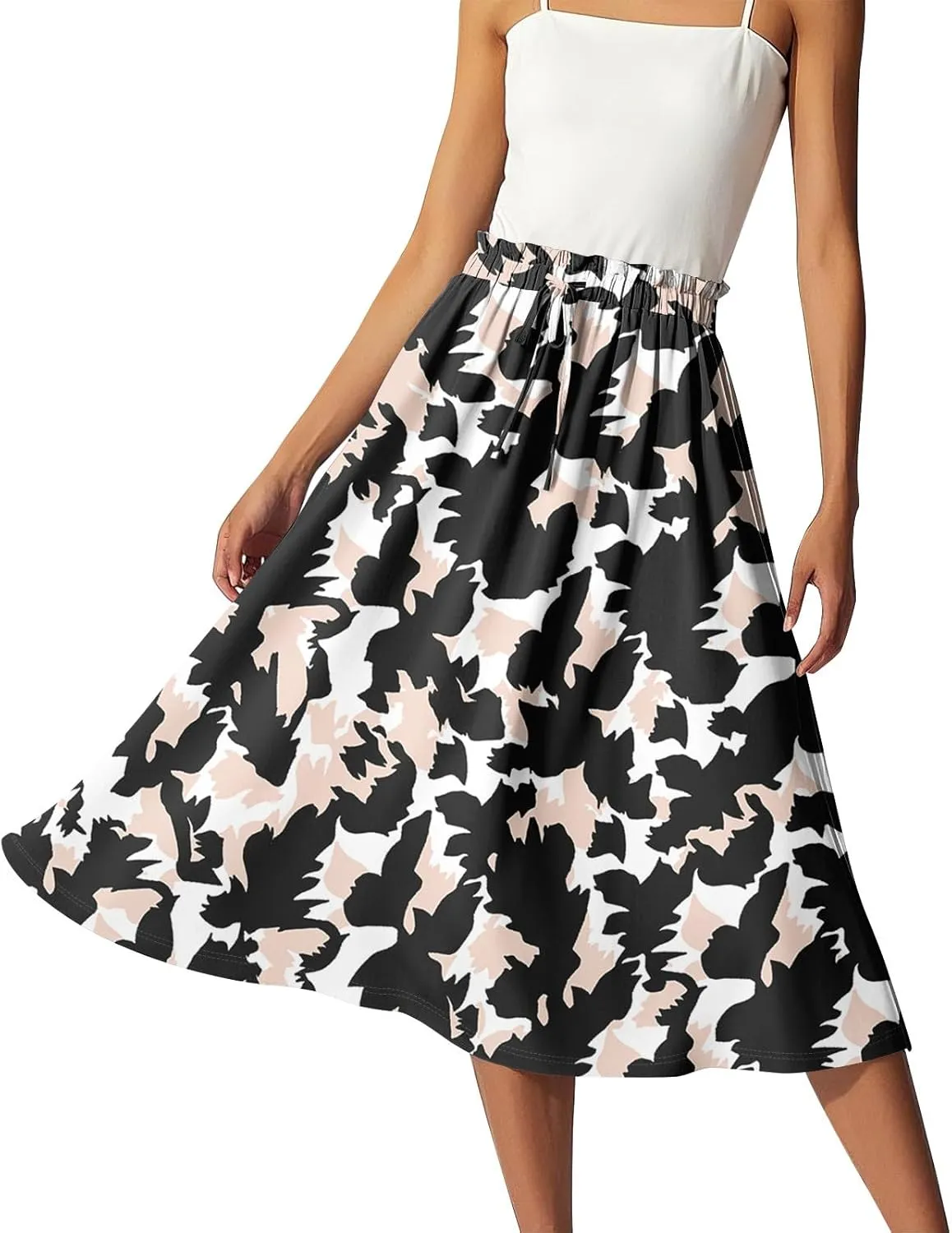 GOFULY Summer Skirts for Women 2025 Midi Length Floral Print A Line Boho Skirts Drawstring Elastic High Waist Smocked Skirt