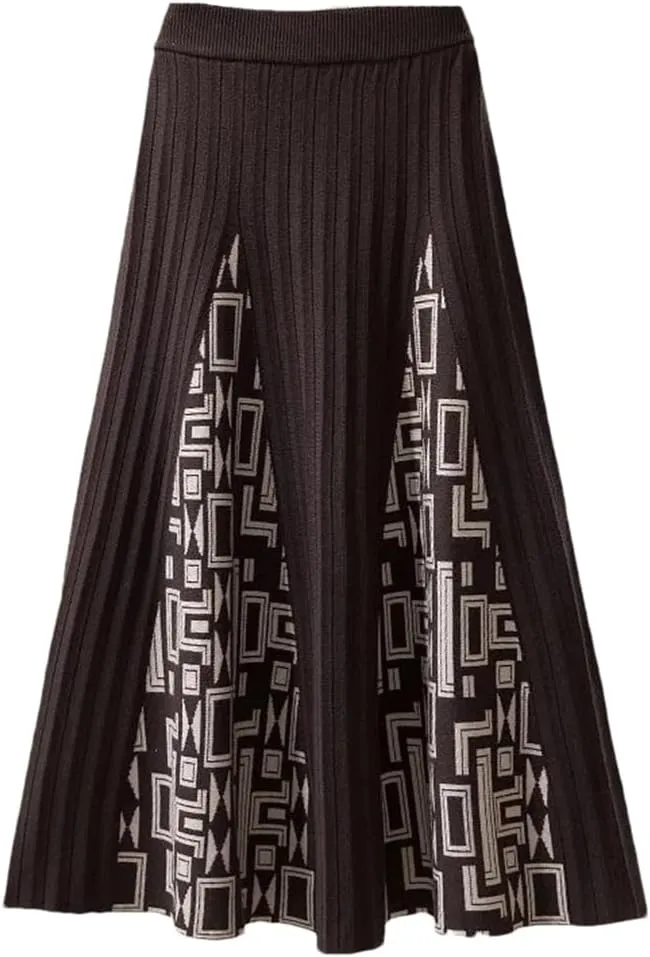 Hdhdeueh Women High Waist Knitted Midi Skirt Pleated Elegant Skirts
