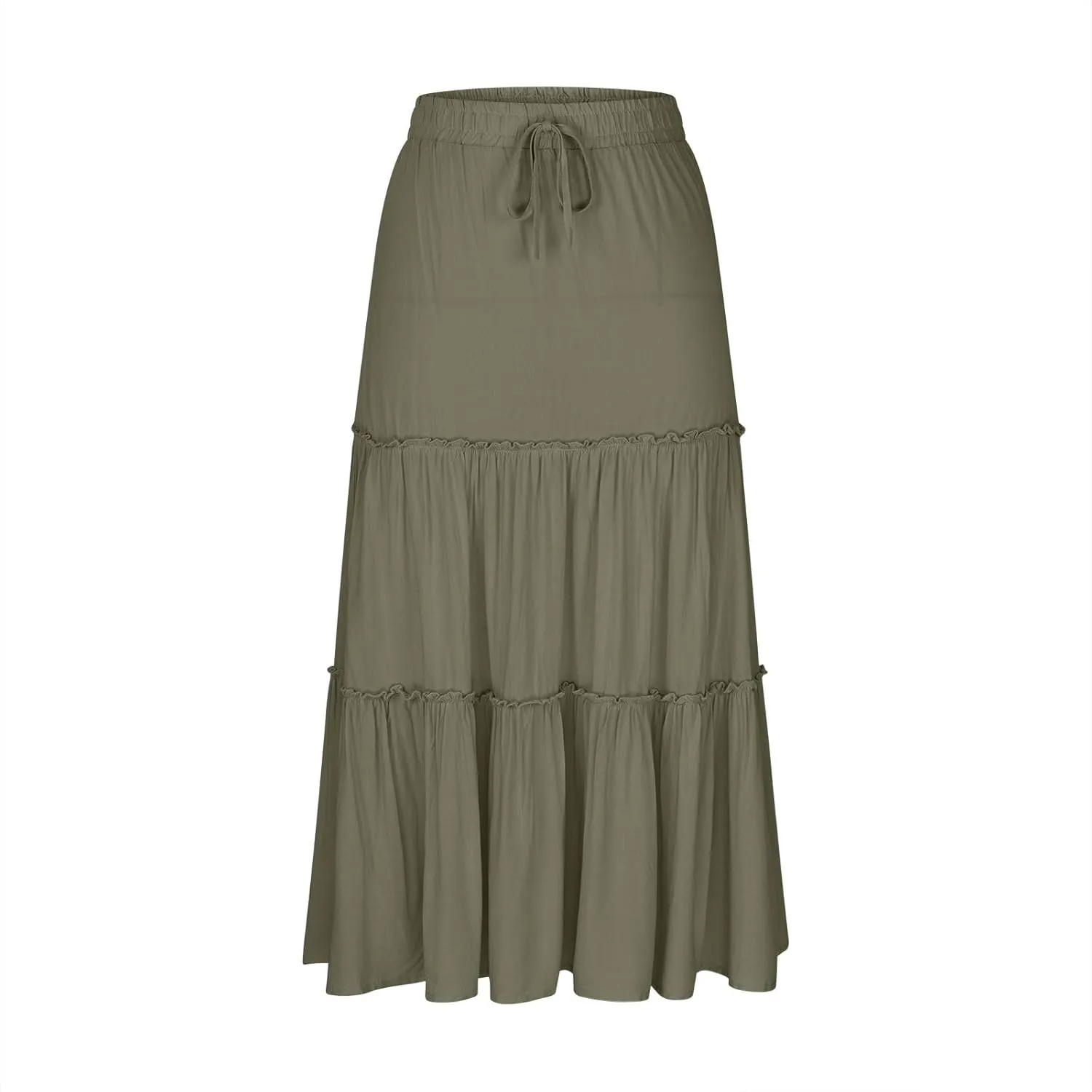 High Waist Tiered Skirts for Women Boho Flowy A-Line Ruffle Midi Skirts Below Knee Fashion Trendy Maxi Long Skirt