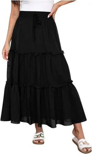 High Waist Tiered Skirts for Women Boho Flowy A-Line Ruffle Midi Skirts Below Knee Fashion Trendy Maxi Long Skirt