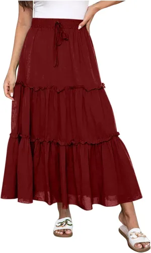 High Waist Tiered Skirts for Women Boho Flowy A-Line Ruffle Midi Skirts Below Knee Fashion Trendy Maxi Long Skirt