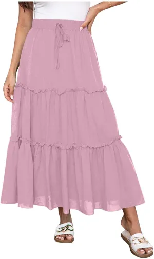 High Waist Tiered Skirts for Women Boho Flowy A-Line Ruffle Midi Skirts Below Knee Fashion Trendy Maxi Long Skirt