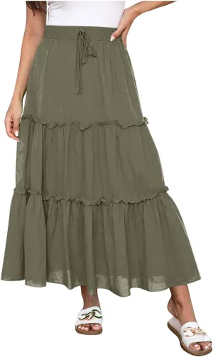 High Waist Tiered Skirts for Women Boho Flowy A-Line Ruffle Midi Skirts Below Knee Fashion Trendy Maxi Long Skirt