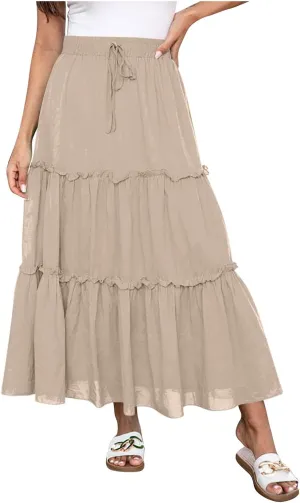 High Waist Tiered Skirts for Women Boho Flowy A-Line Ruffle Midi Skirts Below Knee Fashion Trendy Maxi Long Skirt