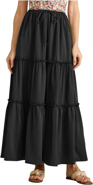 High Waist Tiered Skirts for Womens Summer Fashion Flowy Swing Pleated Beach Long Skirt Below Knee 2025 Trendy Skirt