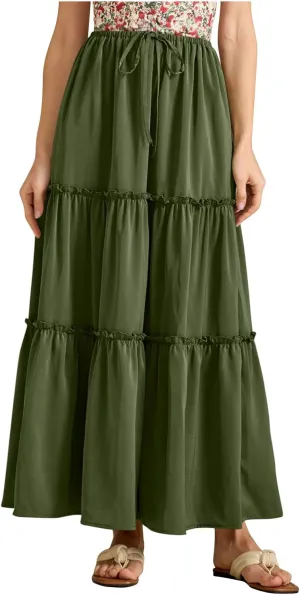 High Waist Tiered Skirts for Womens Summer Fashion Flowy Swing Pleated Beach Long Skirt Below Knee 2025 Trendy Skirt