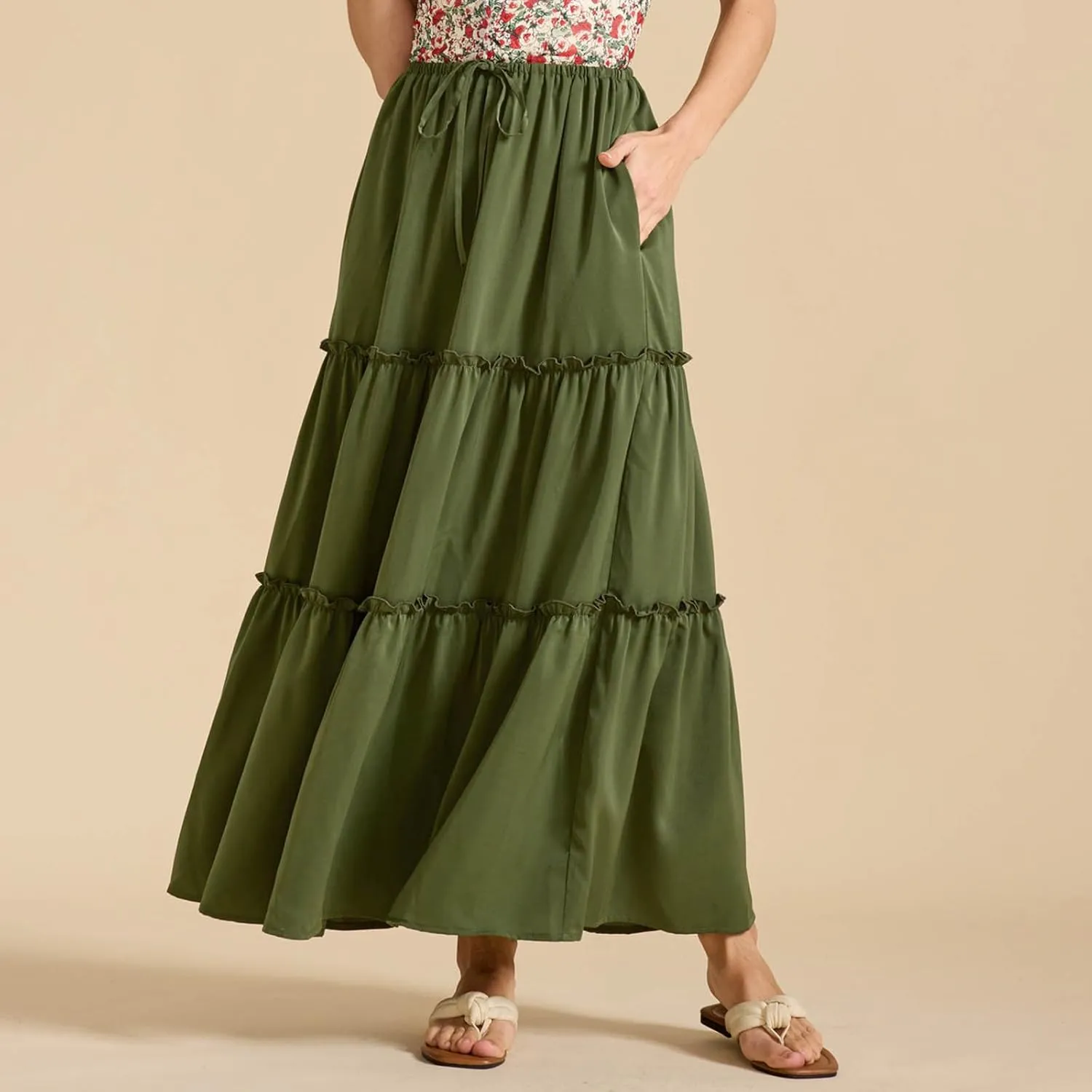 High Waist Tiered Skirts for Womens Summer Fashion Flowy Swing Pleated Beach Long Skirt Below Knee 2025 Trendy Skirt