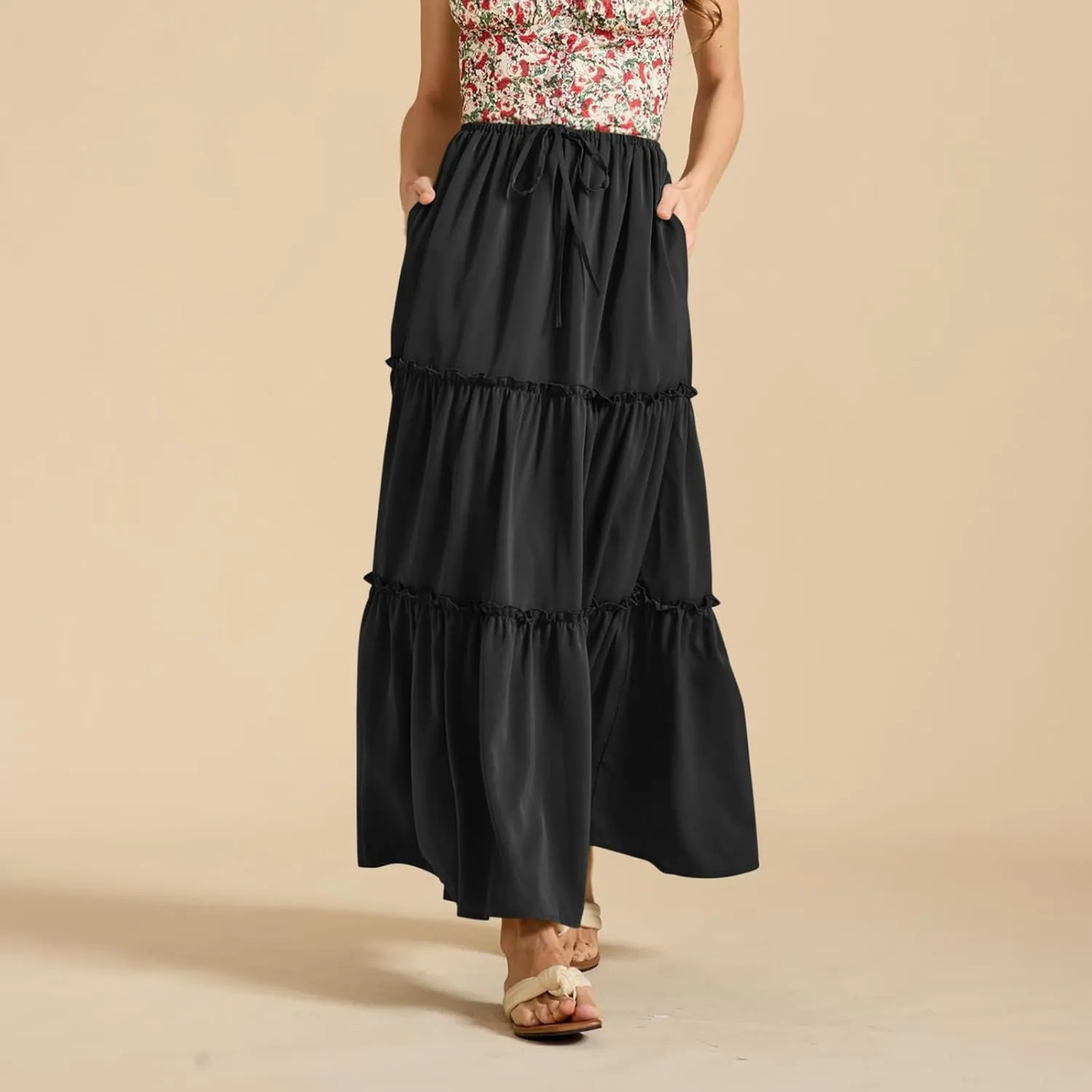 High Waist Tiered Skirts for Womens Summer Fashion Flowy Swing Pleated Beach Long Skirt Below Knee 2025 Trendy Skirt