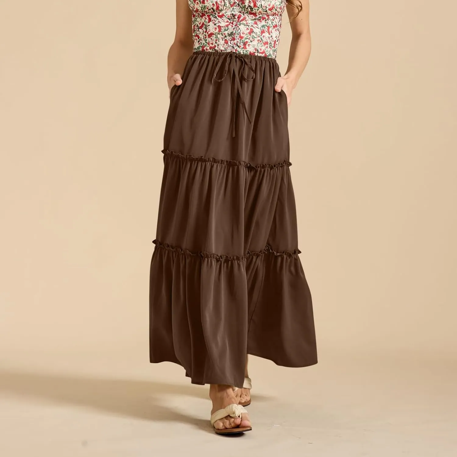 High Waist Tiered Skirts for Womens Summer Fashion Flowy Swing Pleated Beach Long Skirt Below Knee 2025 Trendy Skirt