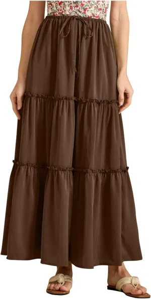 High Waist Tiered Skirts for Womens Summer Fashion Flowy Swing Pleated Beach Long Skirt Below Knee 2025 Trendy Skirt