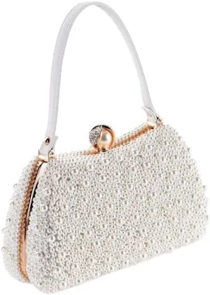 HUFFA Ladies Elegant Crossbody Purse Elegant Full Pearl Handbags Women White Evening Clutches Vintage Wedding Banquet Shoulder Pouch