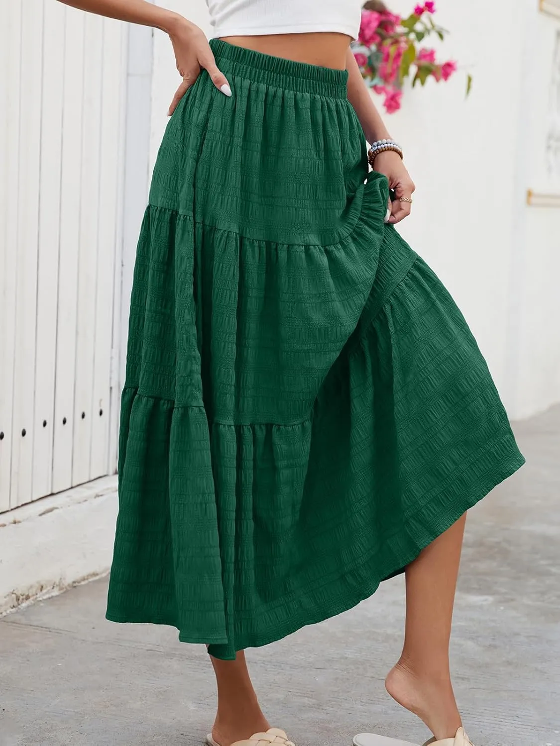 HUSKARY Women's Summer Casual Elegant Smock Layered Tiered Maxi Skirt High Waisted A Line Flowy Long Skirts with Pockets