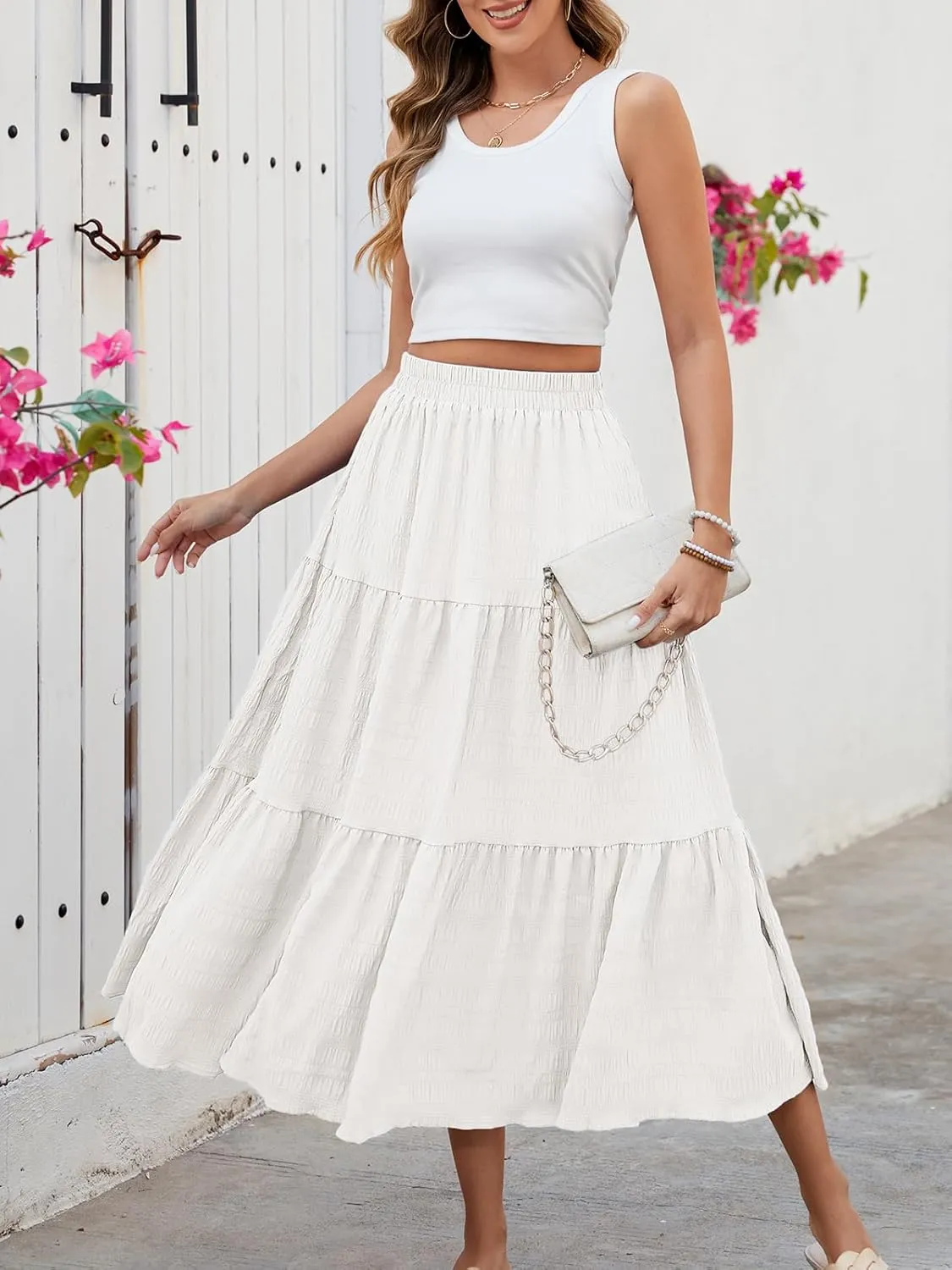 HUSKARY Women's Summer Casual Elegant Smock Layered Tiered Maxi Skirt High Waisted A Line Flowy Long Skirts with Pockets