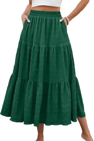 HUSKARY Women's Summer Casual Elegant Smock Layered Tiered Maxi Skirt High Waisted A Line Flowy Long Skirts with Pockets