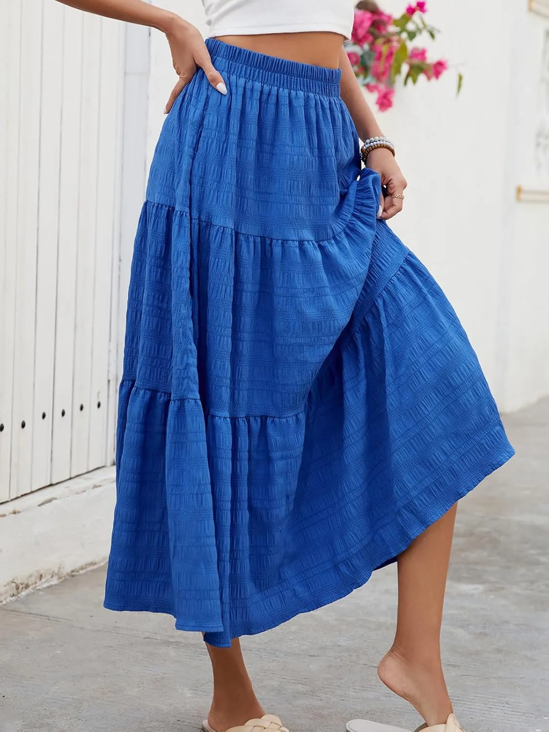 HUSKARY Women's Summer Casual Elegant Smock Layered Tiered Maxi Skirt High Waisted A Line Flowy Long Skirts with Pockets
