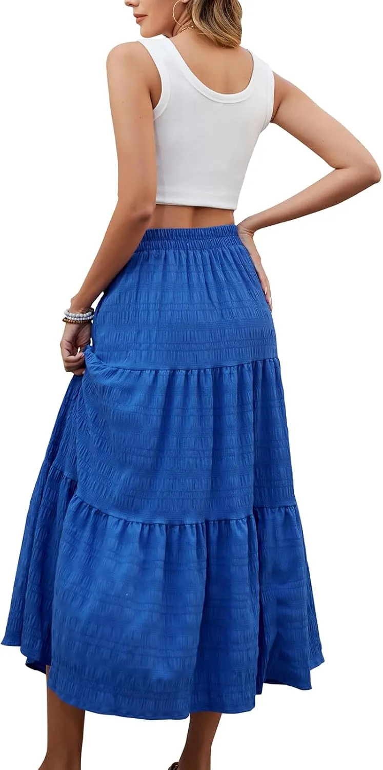HUSKARY Women's Summer Casual Elegant Smock Layered Tiered Maxi Skirt High Waisted A Line Flowy Long Skirts with Pockets