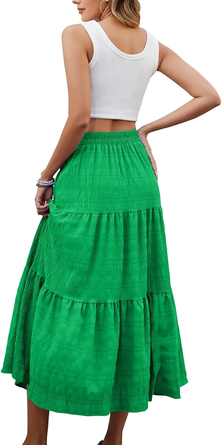 HUSKARY Women's Summer Casual Elegant Smock Layered Tiered Maxi Skirt High Waisted A Line Flowy Long Skirts with Pockets