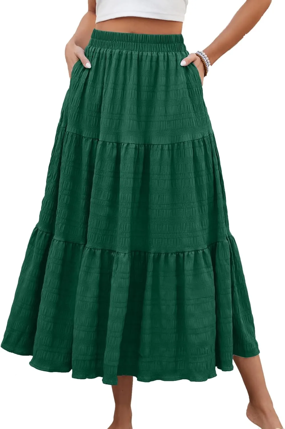 HUSKARY Women's Summer Casual Elegant Smock Layered Tiered Maxi Skirt High Waisted A Line Flowy Long Skirts with Pockets
