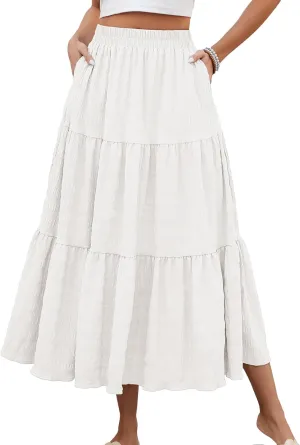 HUSKARY Women's Summer Casual Elegant Smock Layered Tiered Maxi Skirt High Waisted A Line Flowy Long Skirts with Pockets