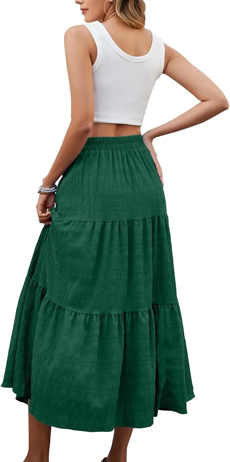 HUSKARY Women's Summer Casual Elegant Smock Layered Tiered Maxi Skirt High Waisted A Line Flowy Long Skirts with Pockets