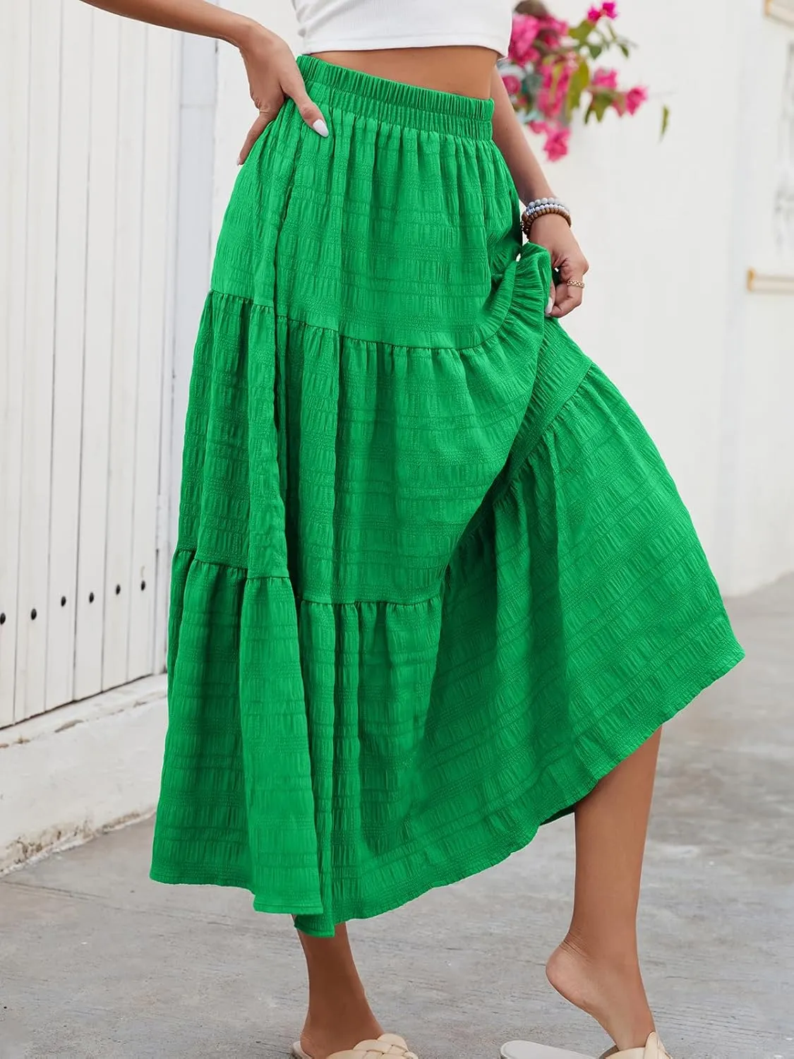 HUSKARY Women's Summer Casual Elegant Smock Layered Tiered Maxi Skirt High Waisted A Line Flowy Long Skirts with Pockets