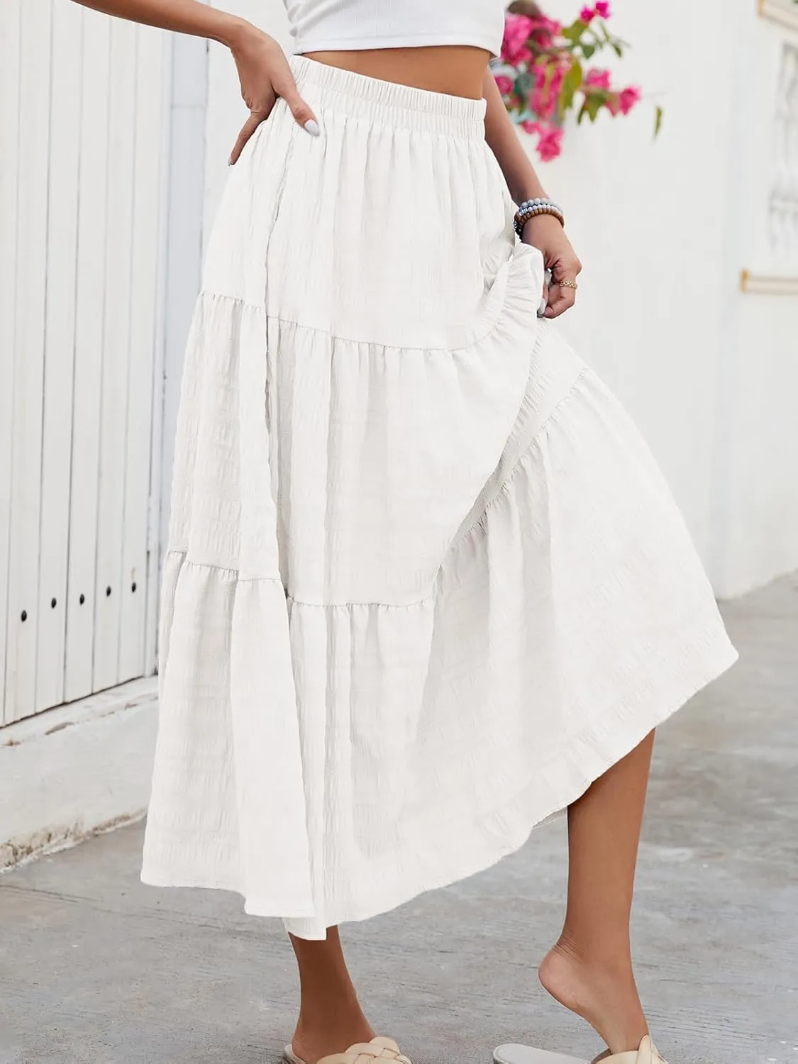 HUSKARY Women's Summer Casual Elegant Smock Layered Tiered Maxi Skirt High Waisted A Line Flowy Long Skirts with Pockets