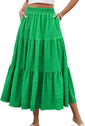 HUSKARY Women's Summer Casual Elegant Smock Layered Tiered Maxi Skirt High Waisted A Line Flowy Long Skirts with Pockets
