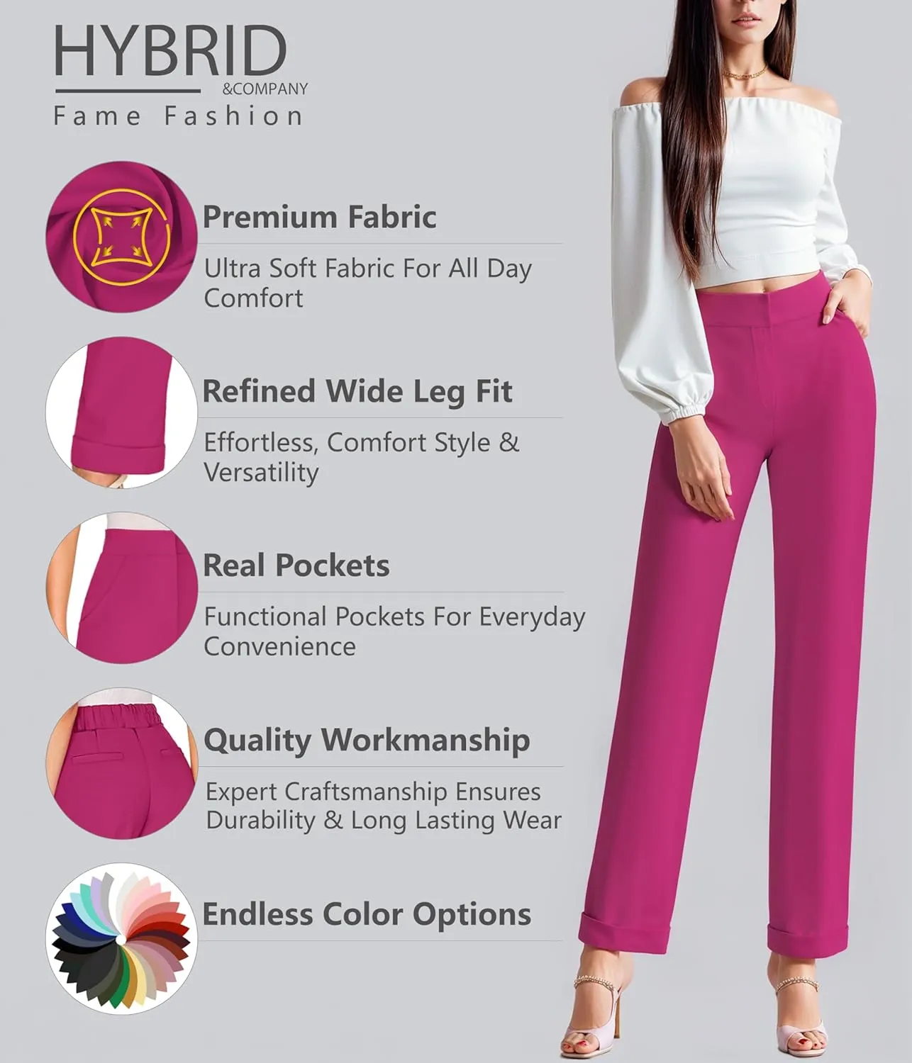Hybrid & Company Women's High Waist Lightweight Solid Long Pants Elegant Office Trousers