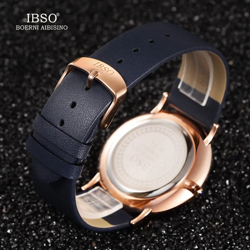 IBSO 7.6MM Ultra-Thin Women Watches 2017 Fashion Waterproof Quartz Watch Women Luxury Genuine Leather Strap Montre Femme