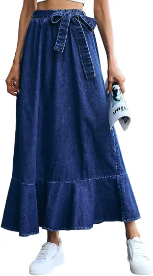 IDEALSANXUN Denim Skirt for Women Spring Summer Outfits A Line Elastic High Waisted Drawstring Pleated Casual Midi Jean Skirt